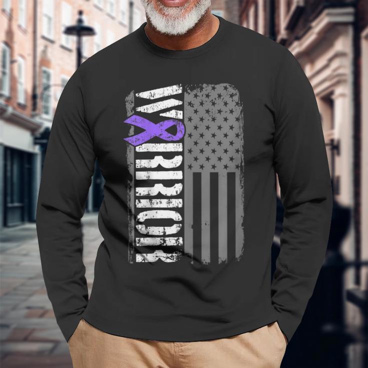 Alzheimers Warrior Vertical American Flag Awareness Ribbon Long Sleeve T-Shirt Gifts for Old Men