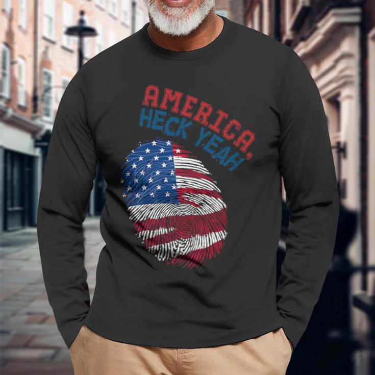 America Heck Yeah Fingerprint Flag Patriotic Usa Long Sleeve T-Shirt Gifts for Old Men