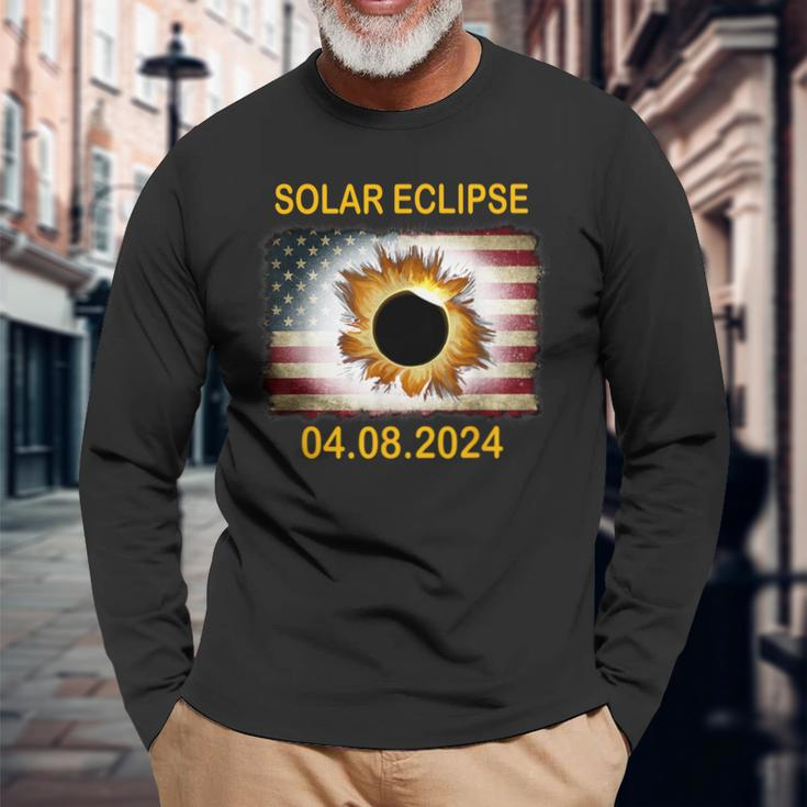 America Totality 04 08 24 Total Solar Eclipse 2024 Usa Flag Long Sleeve T-Shirt Gifts for Old Men