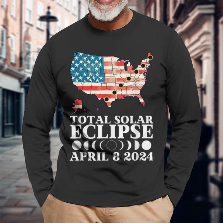 America Totality Total Solar Eclipse April 8 2024 Usa Map Long Sleeve T-Shirt Gifts for Old Men