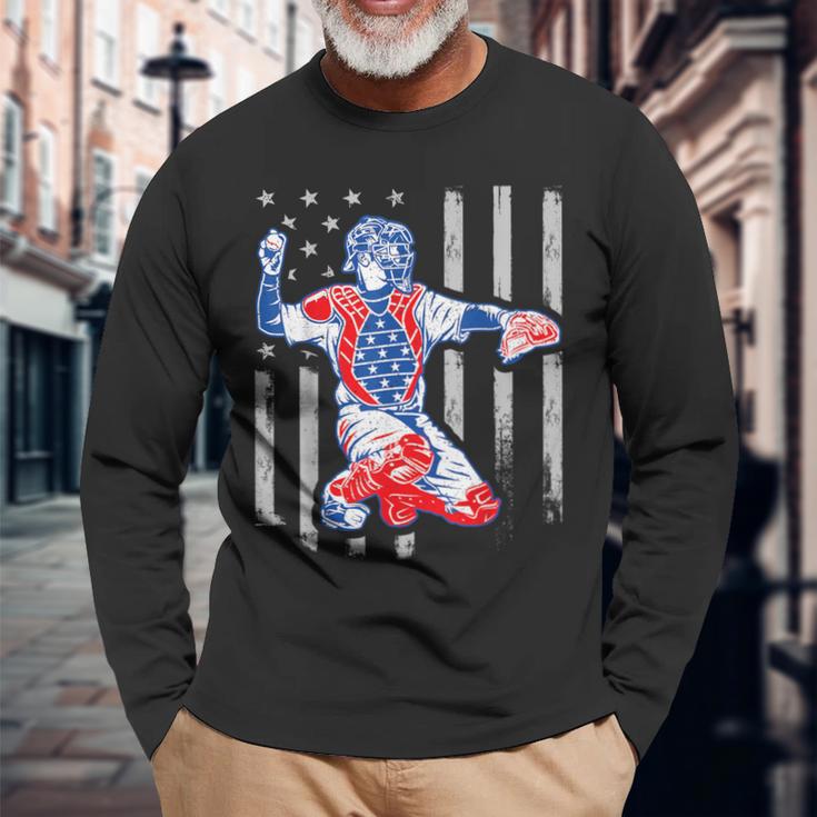 American Baseball Catcher Usa Vintage Flag 4Th Of July Boys Long Sleeve T-Shirt Gifts for Old Men