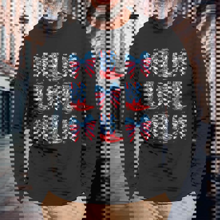 American Flag Boots And Bows 4Th Of July Cowgirl Western Long Sleeve T-Shirt Gifts for Old Men