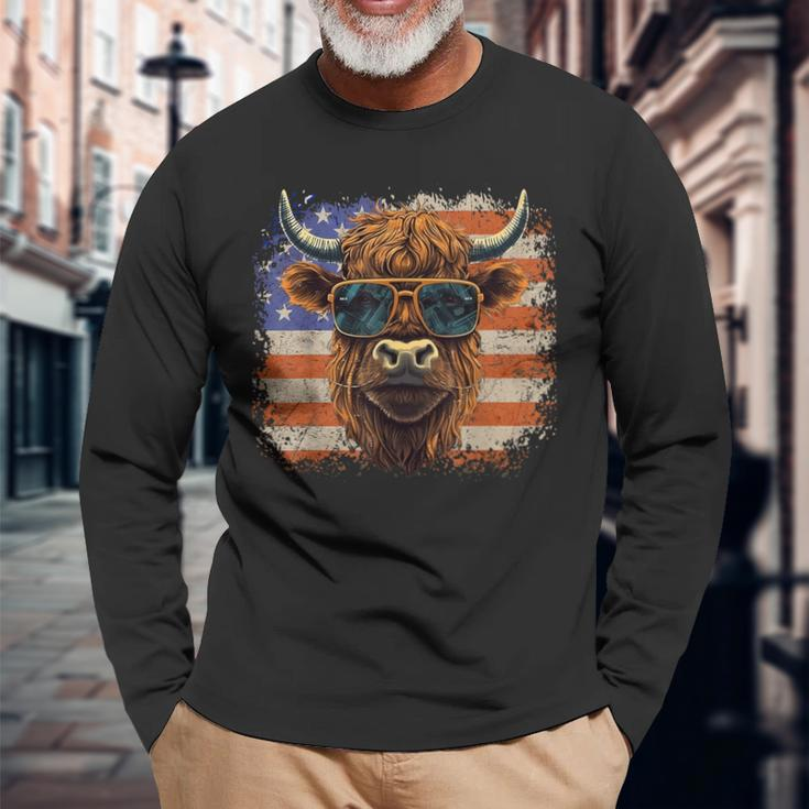 American Flag Highland Cow-Fourth Of July Cow Lover Cool Long Sleeve T-Shirt Gifts for Old Men