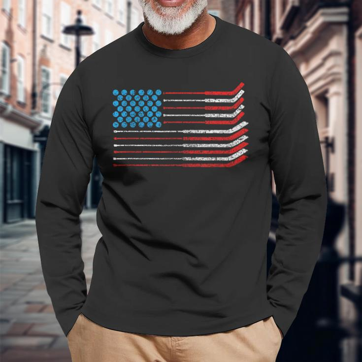 American Flag Patriotic 4Th Of July Hockey Long Sleeve T-Shirt Gifts for Old Men