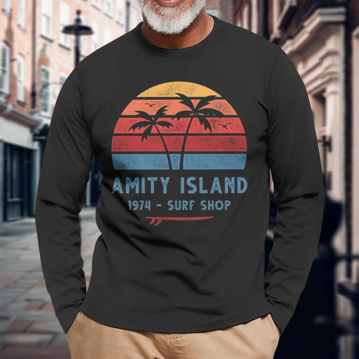 Amity Island Surf 1974 Surf Shop Sunset Surfing Vintage Long Sleeve T-Shirt Gifts for Old Men