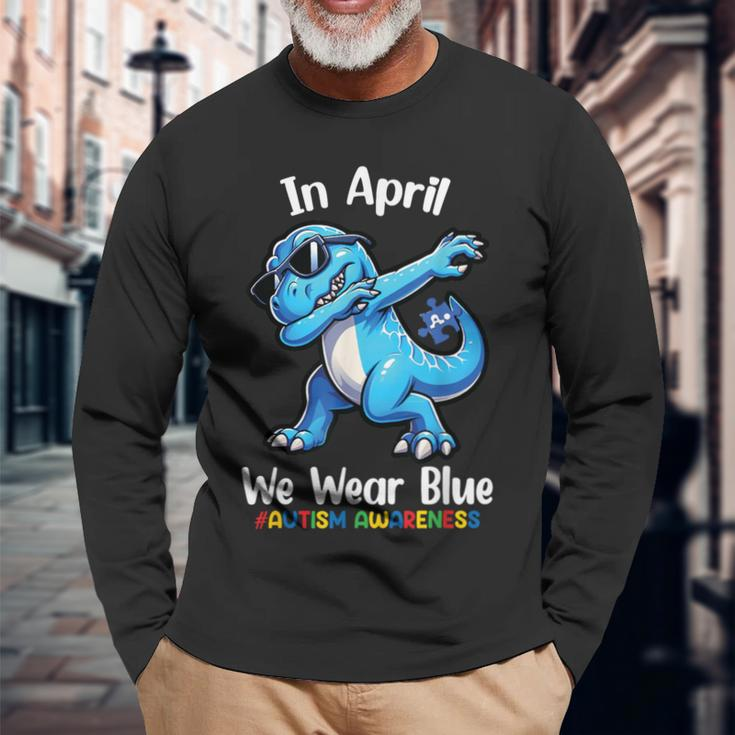 In April We Wear Blue Autism Awareness Month Dinosaur T-Rex Long Sleeve T-Shirt Gifts for Old Men
