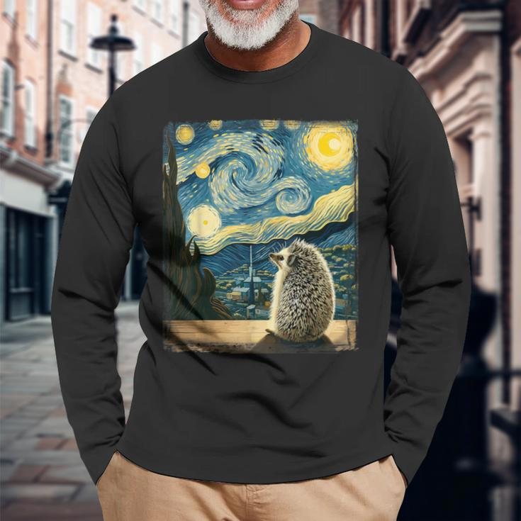 Artistic Hedgehog Van Gogh Style Starry Night Hedgehog Long Sleeve T-Shirt Gifts for Old Men