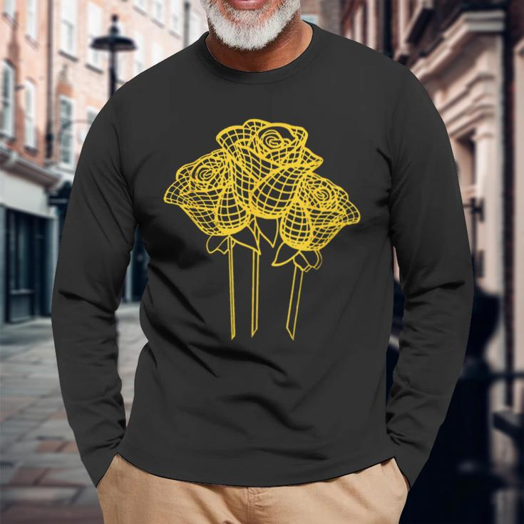 Artistic Yellow Roses Geometric Line Drawing Long Sleeve T-Shirt Gifts for Old Men