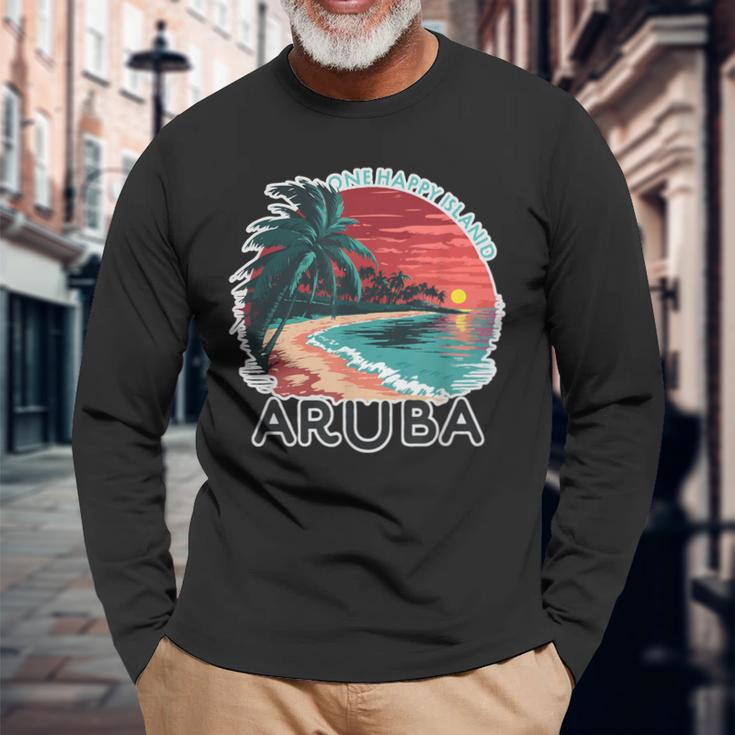 Aruba's One Happy Island Beautiful Sunset Beach Long Sleeve T-Shirt Gifts for Old Men