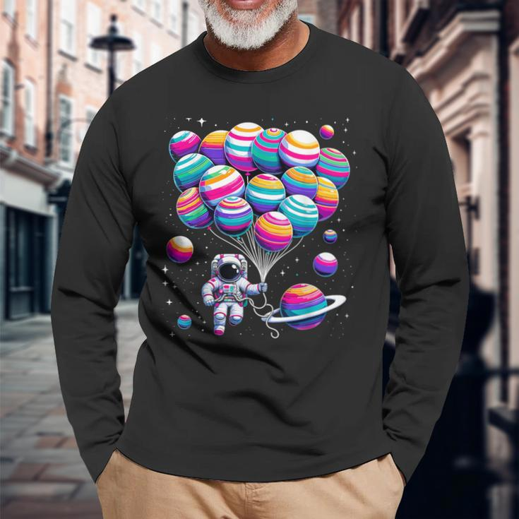 Astronaut Holding Planet Balloons Stem Science Long Sleeve T-Shirt Gifts for Old Men