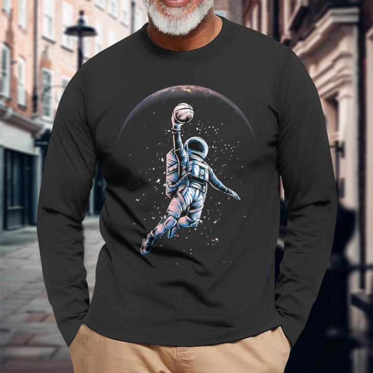 Astronaut Slam Dunk Space Basketball Lover Cool Universe Long Sleeve T-Shirt Gifts for Old Men