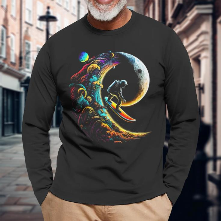 Astronaut Surfing Through Space Universe Galaxy Planets Moon Long Sleeve T-Shirt Gifts for Old Men