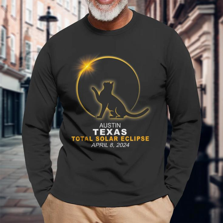 Austin Texas Cat Total Solar Eclipse 2024 Long Sleeve T-Shirt Gifts for Old Men