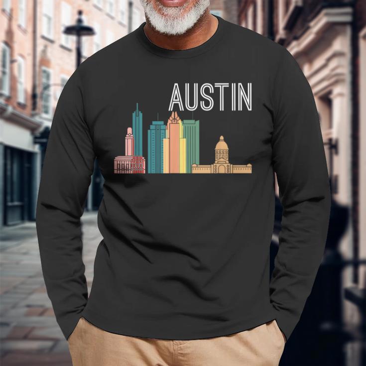 Austin Texas Skyline Souvenir Retro Austin Tx Long Sleeve T-Shirt Gifts for Old Men