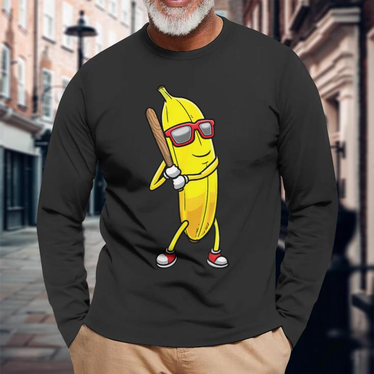 Banana Playing Baseball Fruit Lover Baseball Player Long Sleeve T-Shirt Gifts for Old Men