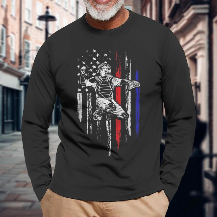Baseball American Flag Patriotic Catcher 4Th Of July Long Sleeve T-Shirt Gifts for Old Men