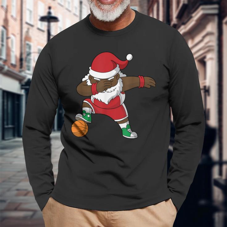 Basketball Dabbing Black African American Santa Claus Long Sleeve T-Shirt Gifts for Old Men