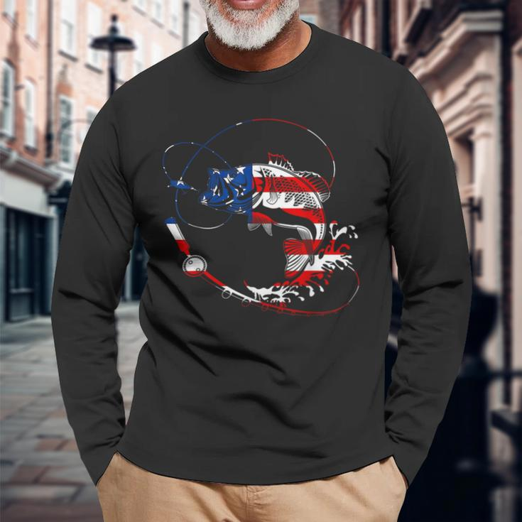 Bass Fishing Fish American Flag Patriotic Fourth Of July Long Sleeve T-Shirt Gifts for Old Men