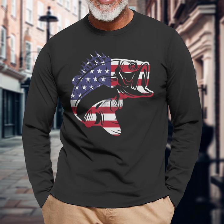 Bass Fishing Usa American Flag 4Th Of July Fisherman Long Sleeve T-Shirt Gifts for Old Men