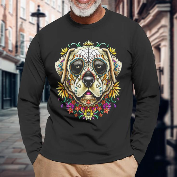 Bdaz Labrador Lab Dog Sugar Skull Day Of The Dead Long Sleeve T-Shirt Gifts for Old Men