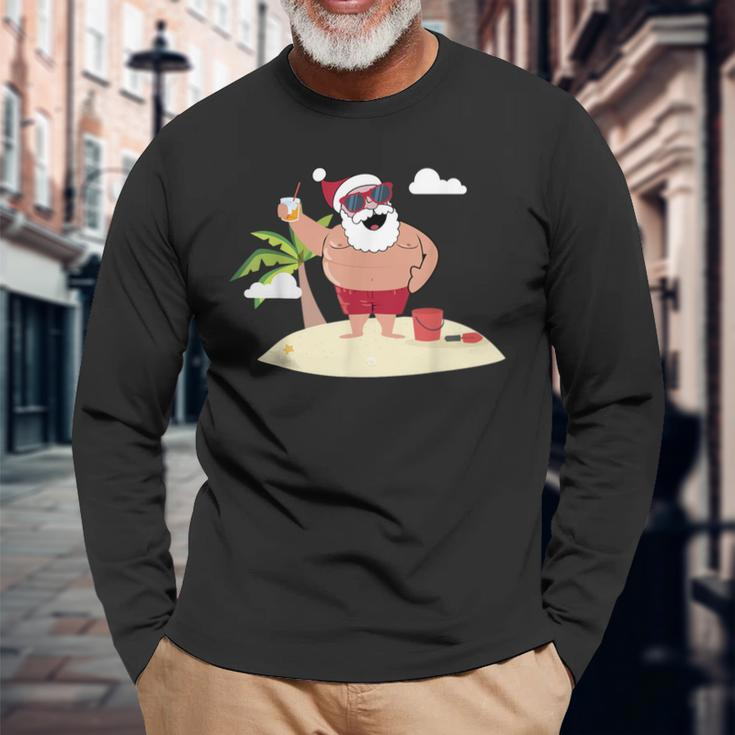 Beach Santa Tropical Christmas Palm Trees & Drinks Long Sleeve T-Shirt Gifts for Old Men