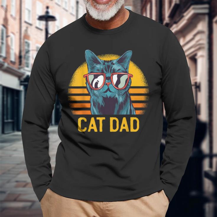 Best Cat Dad Fathers Day Kitty Daddy Papa Vintage Long Sleeve T-Shirt Gifts for Old Men