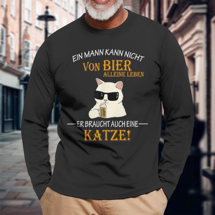 Bier Und Coole Katzen Lustiger Spruch Katzenbesitzer Papa Langarmshirts Geschenke für alte Männer