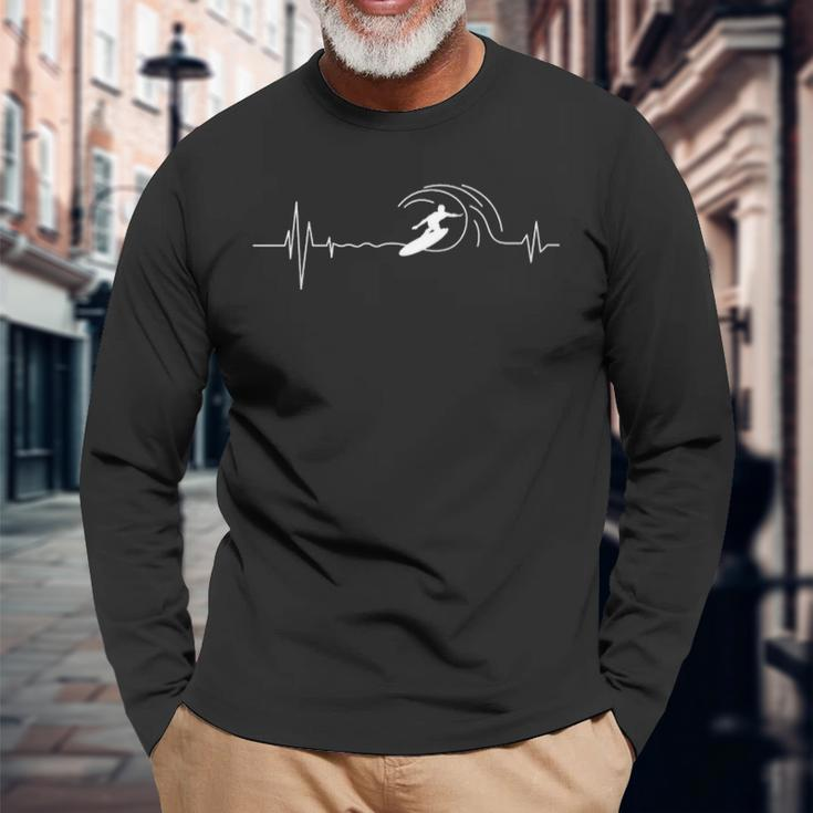 Big Wave Surfing Heartbeat Surfers Beach Lover Surfboard Long Sleeve T-Shirt Gifts for Old Men