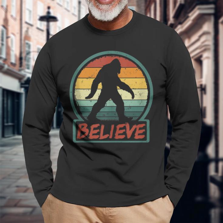Bigfoot Believe Retro Sasquatch Cryptid Sunset Silhouette Long Sleeve T ...
