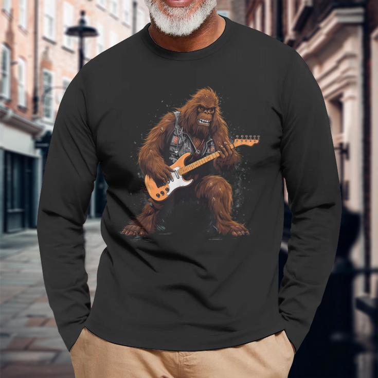 Bigfoot Playing Electric Guitar Rock Music Band Sasquatch Long Sleeve T-Shirt Gifts for Old Men