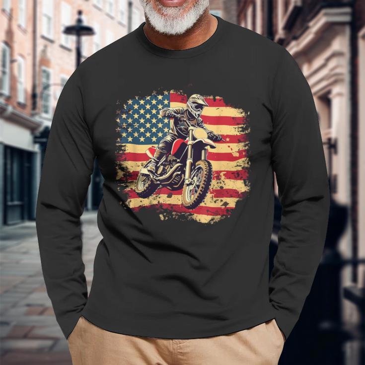 Bike American Vintage Usa Flag Motocross Biker 4Th Of July Long Sleeve T-Shirt Gifts for Old Men