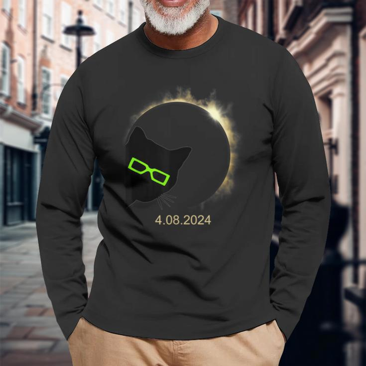 Black Cat Wearing Solar Eclipse Glasses 2024 Solar Eclipse Long Sleeve T-Shirt Gifts for Old Men