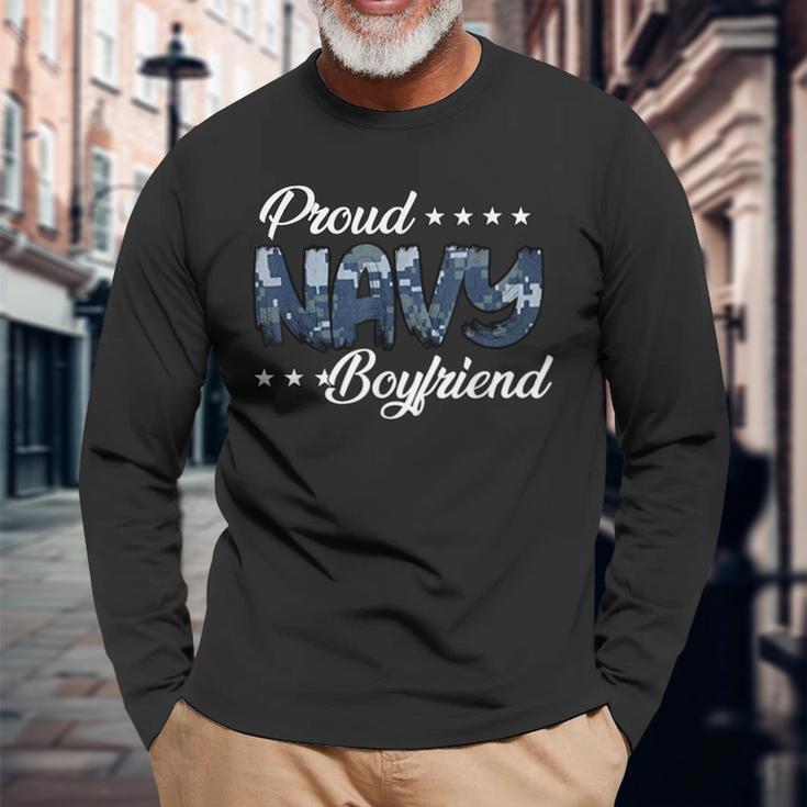 Blue Digital Bold Proud Navy Boyfriend Long Sleeve T-Shirt Gifts for Old Men