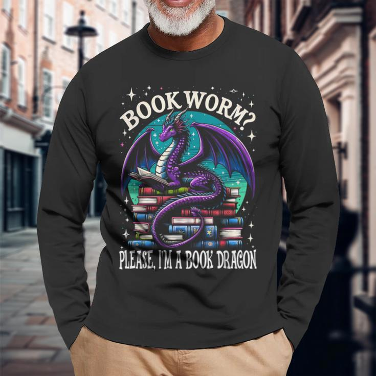 Bookworm Please I'm A Book Dragon Distressed Dragons Books Long Sleeve T-Shirt Gifts for Old Men