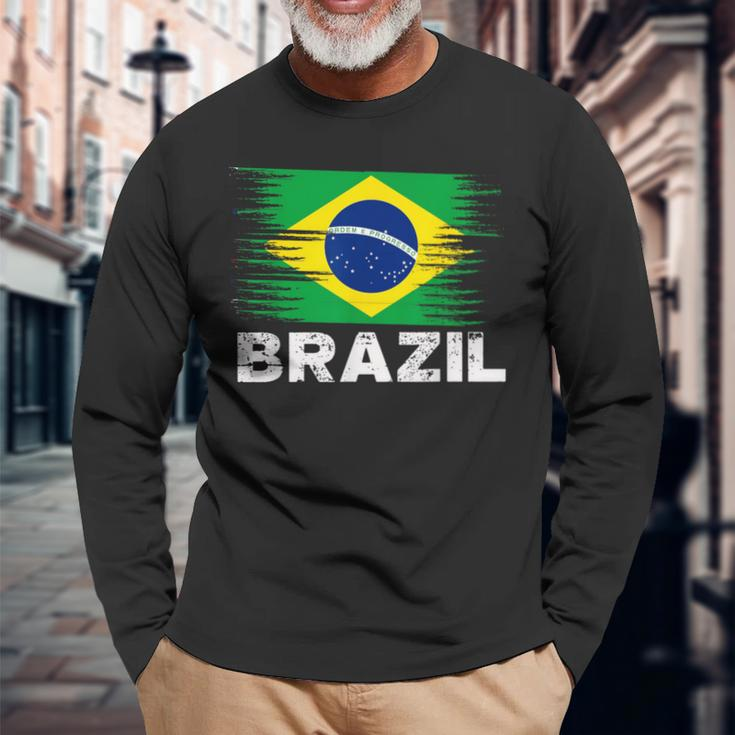 Brazil Brazilian Flag Sports Soccer Football Long Sleeve T-Shirt Gifts for Old Men