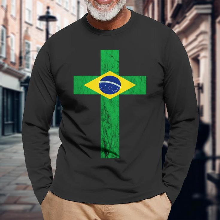 Brazil Jesus Cross Brazilian Faith Brasileiro Christian Long Sleeve T-Shirt Gifts for Old Men