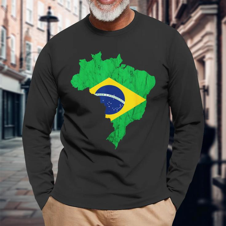 Brazil Map Brazilian Flag Trip Brasileiro Bandeiro Do Brasil Long Sleeve T-Shirt Gifts for Old Men