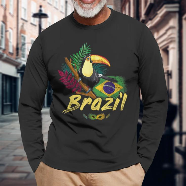 Brazil Vintage Toucan With Flag And Samba Mask Langarmshirts Geschenke für alte Männer