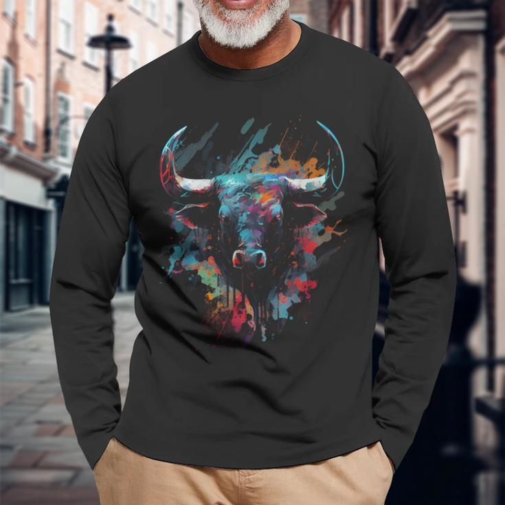 Bull Colorful Bull Riding Meat Favorite Animal Bull Fan Long Sleeve T-Shirt Gifts for Old Men