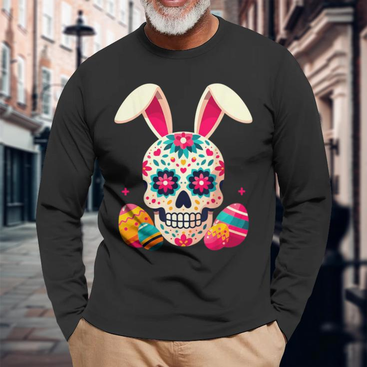 Bunny Sugar Skull Rabbit La Catrina Easter Day Of Dead Long Sleeve T-Shirt Gifts for Old Men