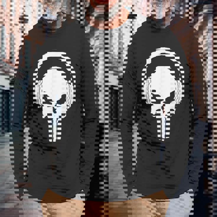Calavera Dj Con Cascos Dj Skull Headphones Camiseta de manga larga Regalos para ancianos