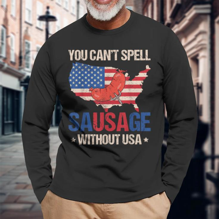 You Can't Spell Sausage Without Usa American Flag Patriotic Long Sleeve T-Shirt Gifts for Old Men