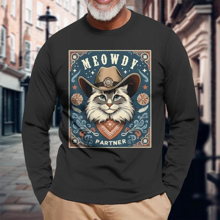 Cat Cowboy Mashup Meowdy Partner Poster Western Long Sleeve T-Shirt Gifts for Old Men