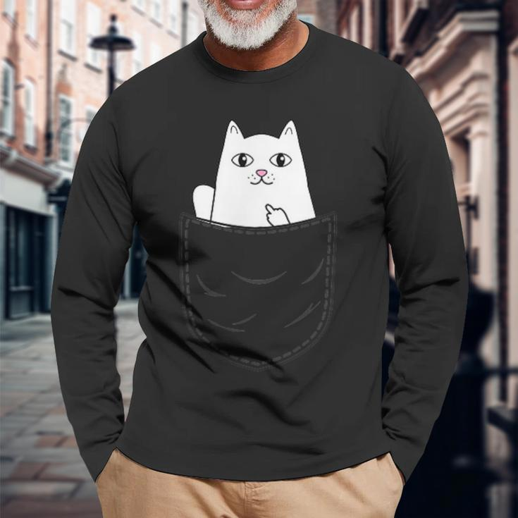 Cat Middle Finger Pocket Cat Gray Langarmshirts Geschenke für alte Männer