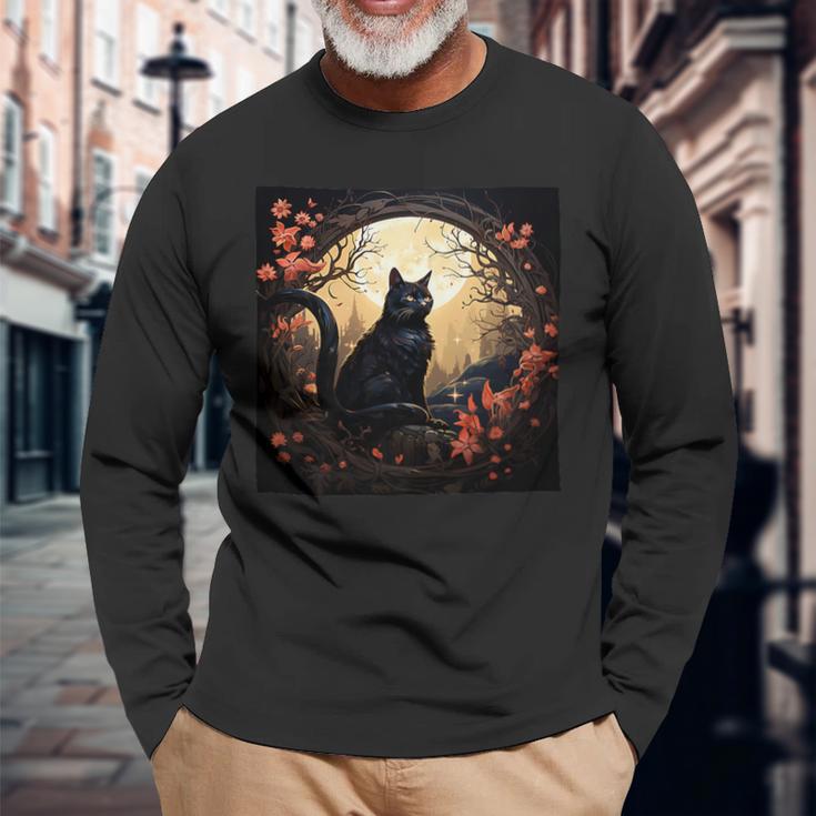 Cat Moon Flowers Graphic Long Sleeve T-Shirt Gifts for Old Men