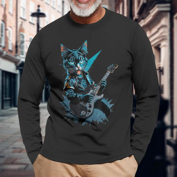 Cat Playing Electric Guitar Heavy Metal Rock Cat Lover Long Sleeve T-Shirt Gifts for Old Men