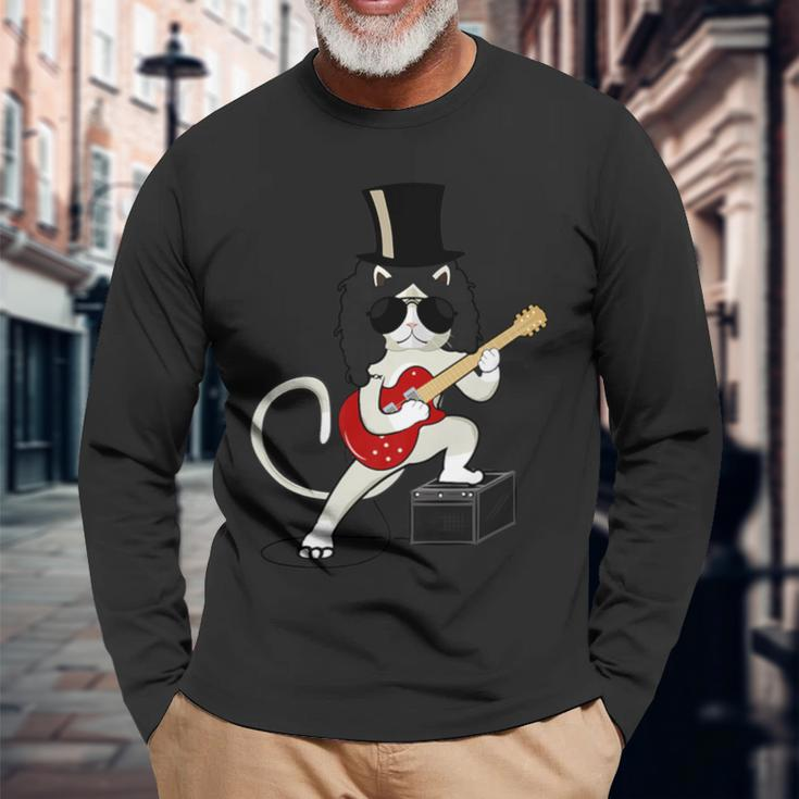 Cat Playing Guitar Heavy Metal Rock Guitarists Lover Long Sleeve T-Shirt Gifts for Old Men
