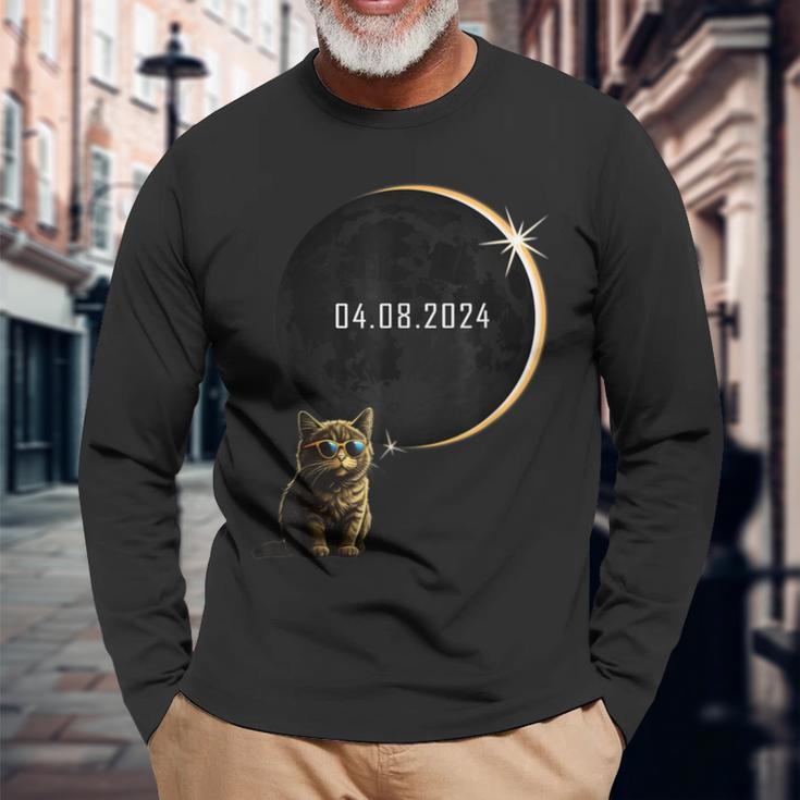 Cat Total Solar Eclipse 2024 Totality Cat Glasses Long Sleeve T-Shirt Gifts for Old Men