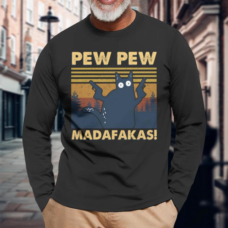 Cat Vintage Pew Pew Pew Madafakas Cat Crazy Pew Vintage Long Sleeve T-Shirt Gifts for Old Men