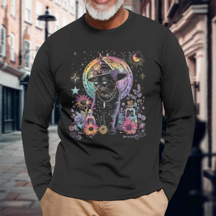 Graphic Cat Witchy And Flowers Cats With Crescent The Moon Long Sleeve T-Shirt Gifts for Old Men